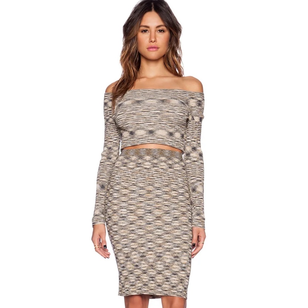 Free People Mutual Feeling Space Dye Camel-Multi 2pc Stretch Knit Skirt Set